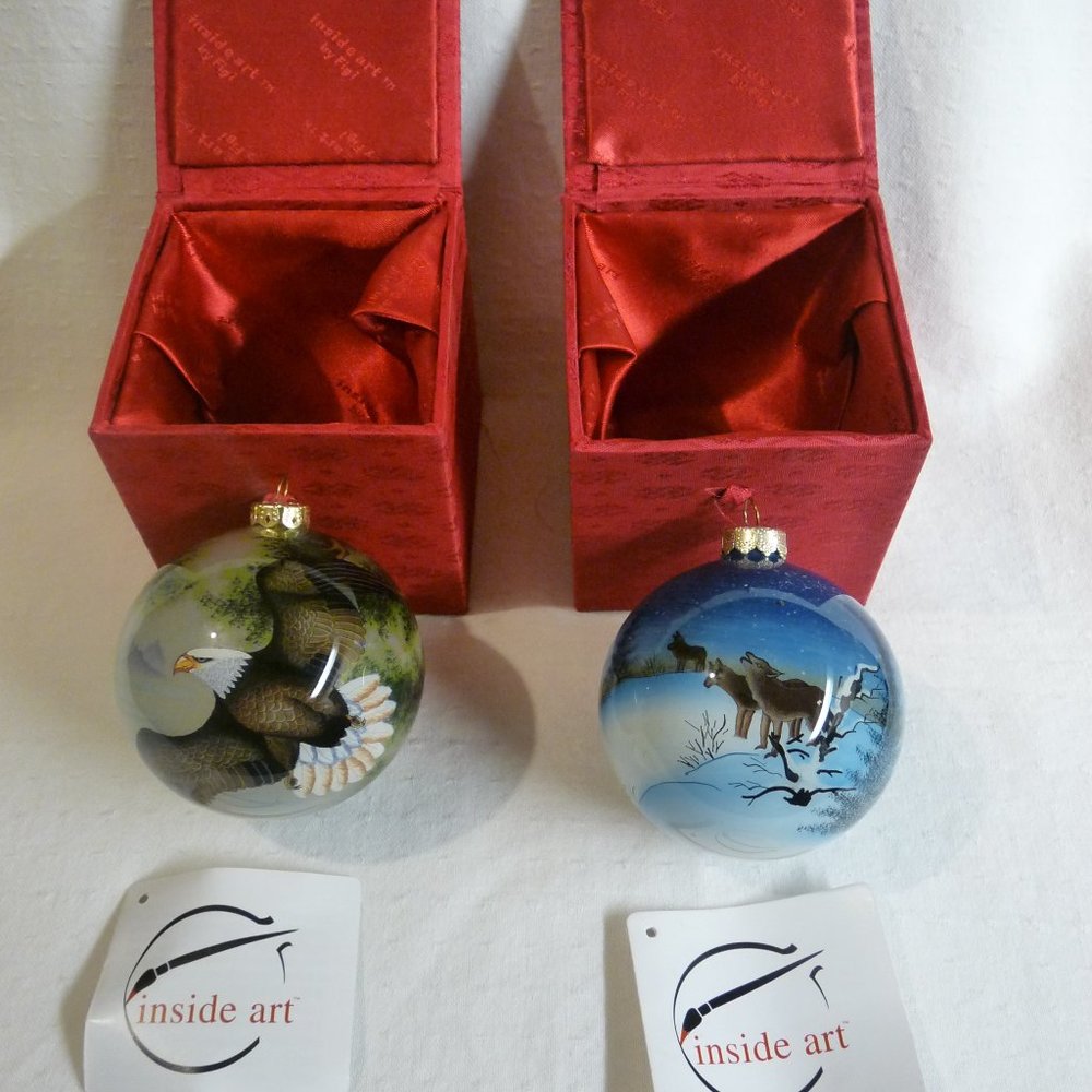 2 Inside Art Blown Glass Hand Painted Ornaments by FIGI Bald Eagle & Coyotes